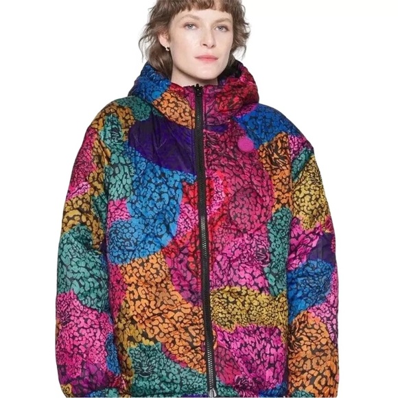 Farm Rio Neon Mushroom Recycled Polyester Reversible Puffer Jacket Size XS NWT - Picture 6 of 17